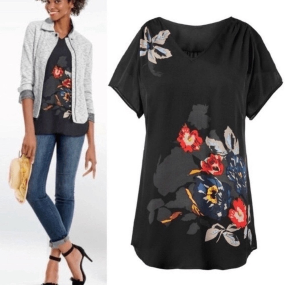 Cabi Dark Floral Black Top V Neck Blouse Top Tunic Layer Oversized Sz S